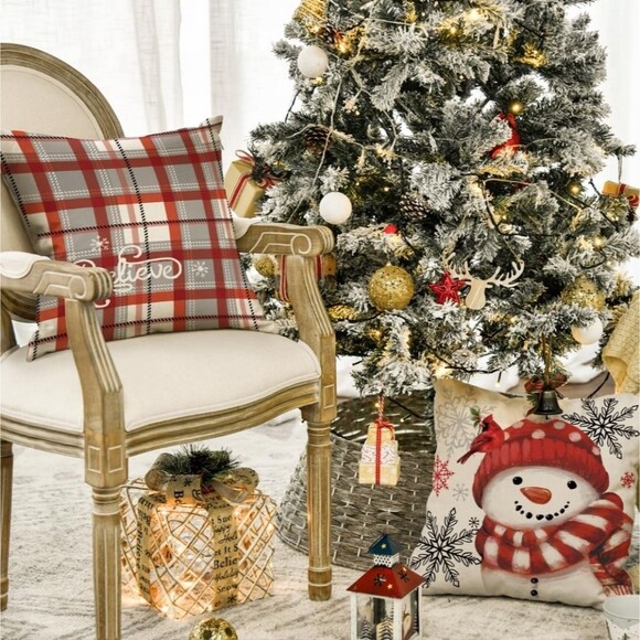 Set of 4 Throw Pillow Covers Snowman, Joy, Believe, Christmas Trees 18"x18" - Picture 4 of 14